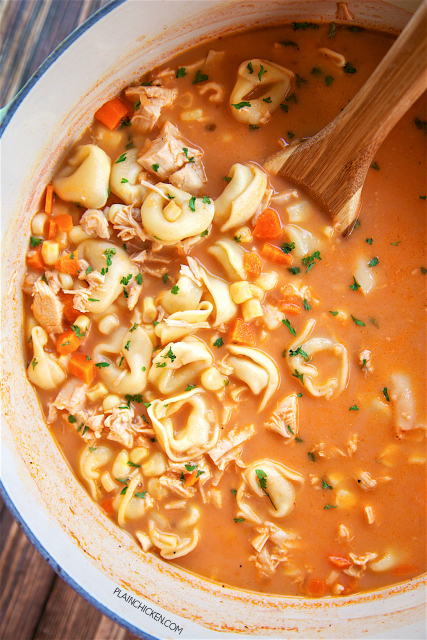 Southwestern Chicken Tortellini Soup - ready in under 30 minutes!! Chicken broth, salsa, carrots, corn, onion, frozen cheese tortellini and evaporated milk. Very hearty soup. Great weeknight meal. Everyone loved this! We ate it for dinner and reheated for lunch the next day. Delicious!