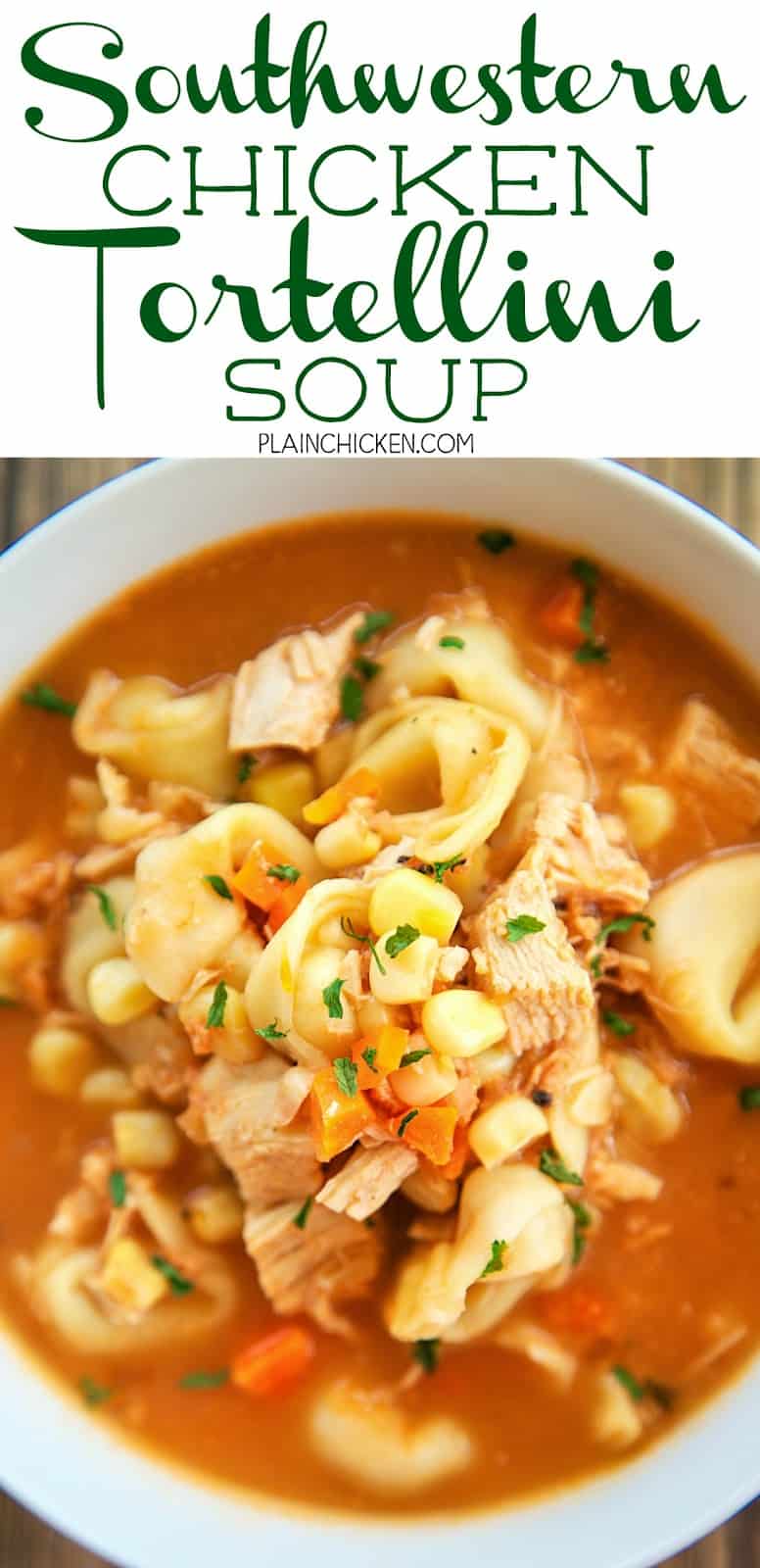 Southwestern Chicken Tortellini Soup - ready in under 30 minutes!! Chicken broth, salsa, carrots, corn, onion, frozen cheese tortellini and evaporated milk. Very hearty soup. Great weeknight meal. Everyone loved this! We ate it for dinner and reheated for lunch the next day. Delicious!