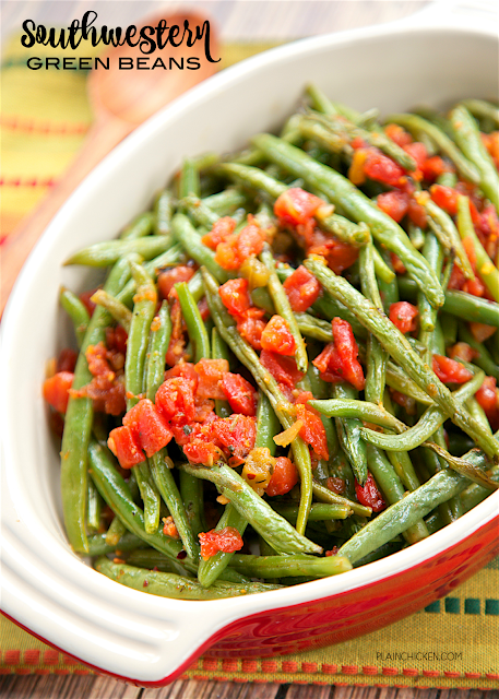 Southwestern Green Beans - only 4 ingredients and ready in about 20 minutes! Oven roasted green beans, Mexican Rotel tomatoes, olive oil and southwestern seasoning! Easy side dish with great flavor! We love to serve these with Mexican casseroles!