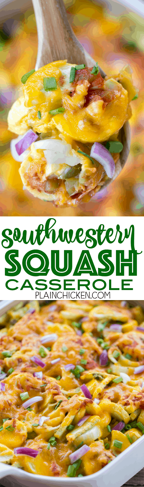 Southwestern Squash Casserole - CRAZY good!!! Great side dish for all your tex-mex dishes!! Squash, cheddar cheese, onion, green chiles, jalapeños, cumin, salsa, green onions, red onion. Everyone loved this easy side dish recipe. Great for a potluck and cookout. 
