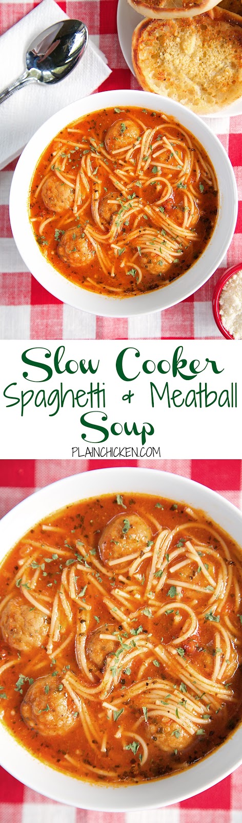 {Slow Cooker} Spaghetti and Meatball Soup recipe - frozen meatballs, spaghetti sauce, beef broth and angel hair pasta - This slow cooker soup is such a fun twist to spaghetti night! It is SO good and super quick to throw together. Serve with some warm garlic bread for a quick and easy weeknight meal!