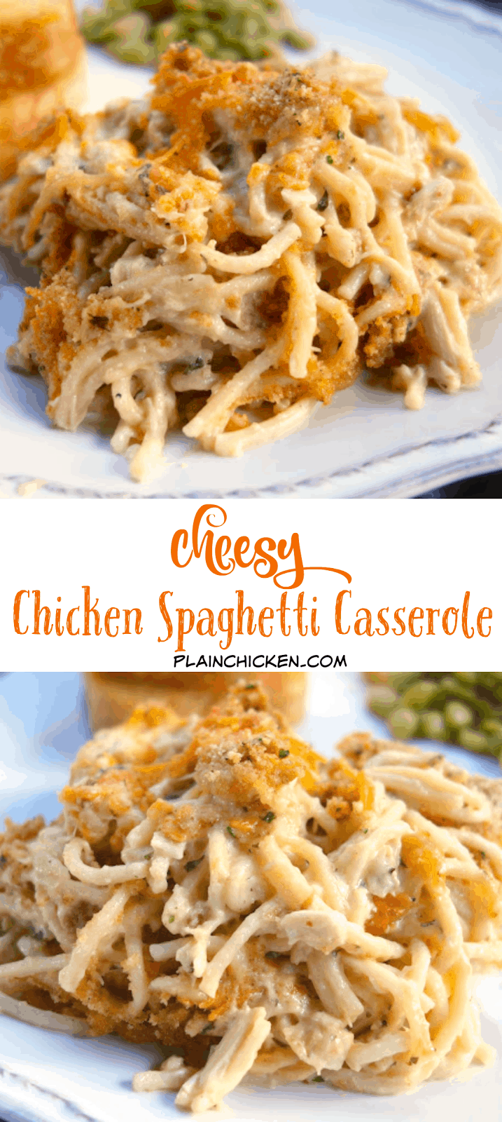 Cheesy Chicken Spaghetti Casserole - chicken, spaghetti, cream of chicken soup, sour cream, butter, seasonings, Parmesan and cheddar cheese -THE BEST! We make this once a month! Makes a great freezer meal! 