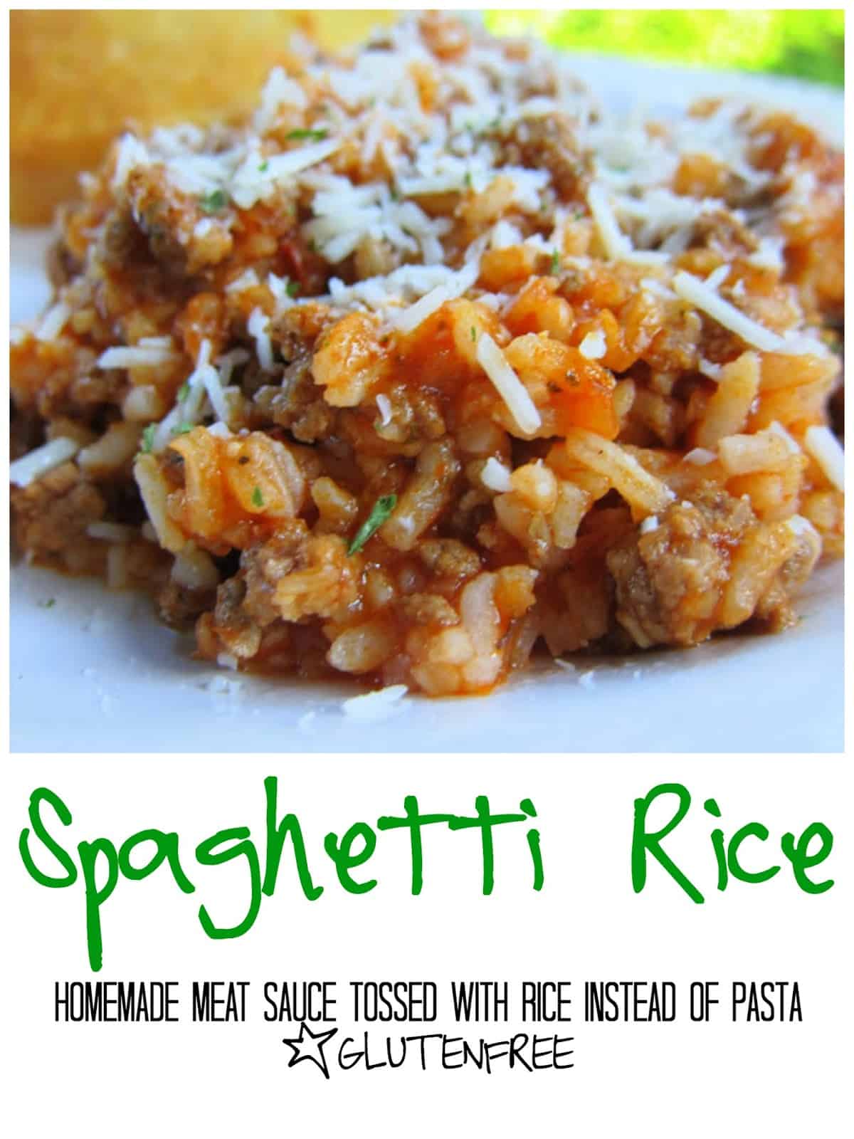 Spaghetti Rice Recipe - homemade meat sauce tossed with rice instead of pasta. Italian sausage or hamburger, tomato sauce, garlic, onions, Italian spices and rice. Ready in about 15 minutes and naturally gluten free! We LOVED this!!