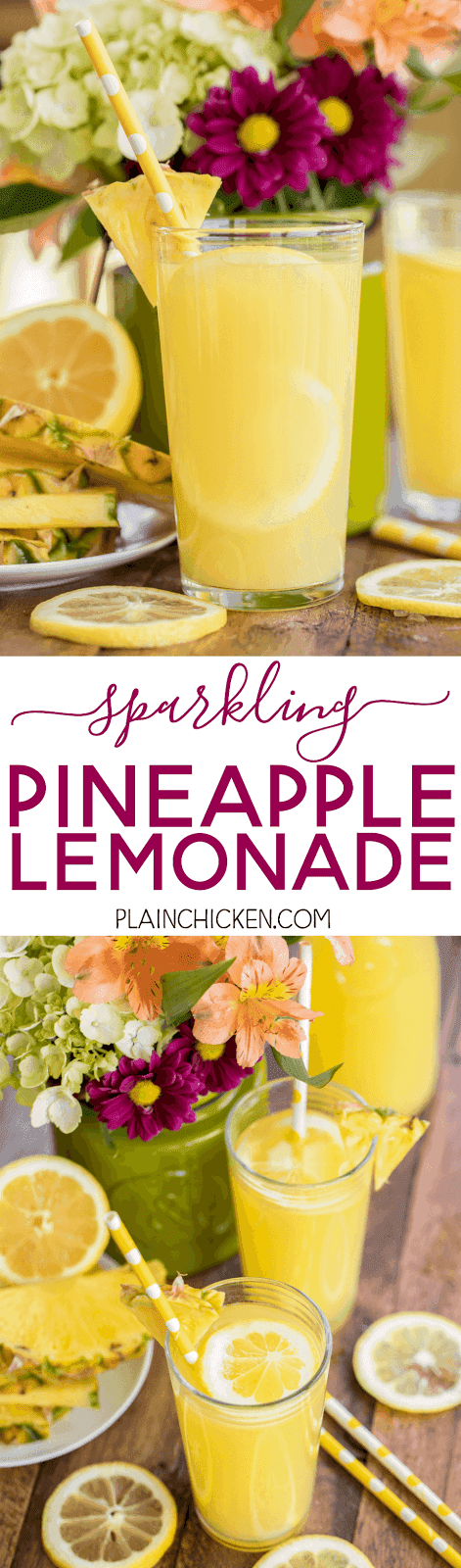 Sparkling Pineapple Lemonade - our signature summer cocktail! Can make with or without alcohol. Lemonade mix, vodka, pineapple juice and sprite. SO easy to make! Super refreshing cocktail for all your summer parties. 