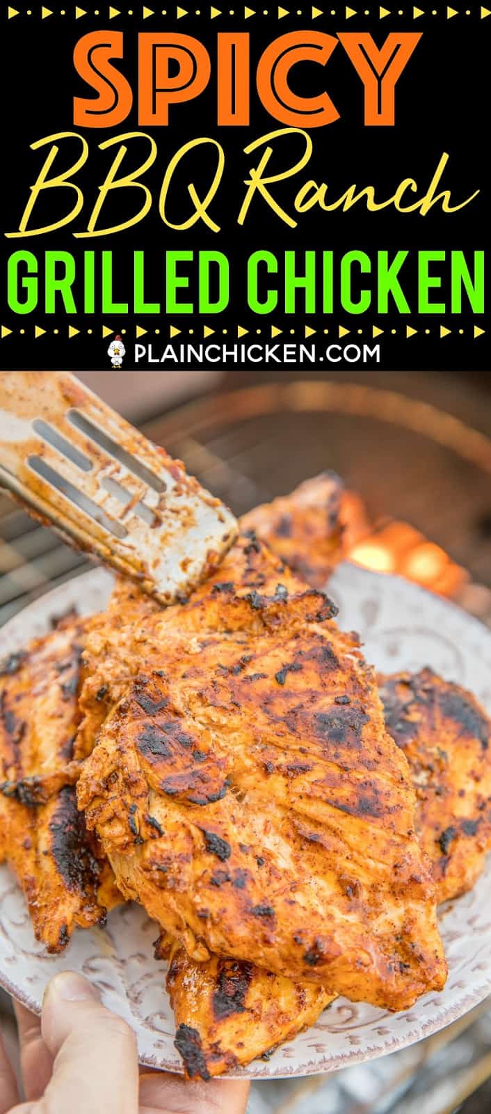 Spicy BBQ Ranch Grilled Chicken - seriously delicious chicken!! Only 4 ingredients - BBQ sauce, Ranch dressing, chili powder and red pepper flakes. Let the chicken marinate overnight for maximum flavor!! This is a favorite in our house!! We always grill extra chicken for leftovers - SO good! #grilling #chicken #grilledchicken #bbq