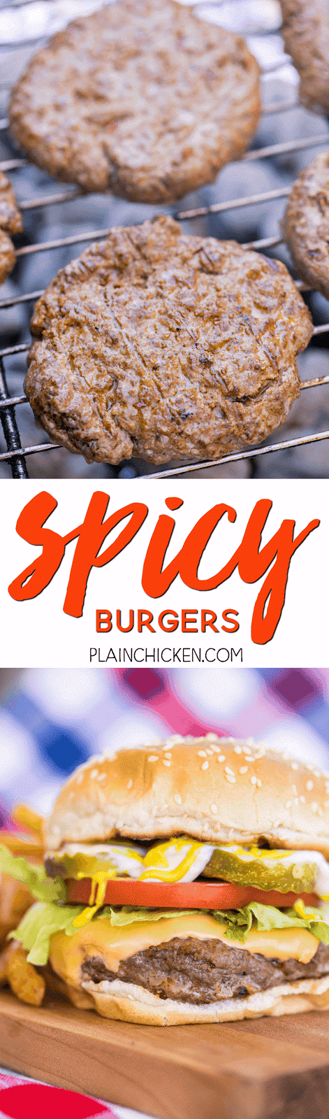 Spicy Hamburgers - CRAZY good burger! Hamburger meat seasoned with Worcestershire sauce, BBQ sauce, chili powder, cumin, cajun seasoning, pepper, red pepper flakes and hot sauce. SO much AMAZING flavor in each burger!! Top with your favorite cheese! YUM! We like to double the recipe and freeze extra patties for later. 