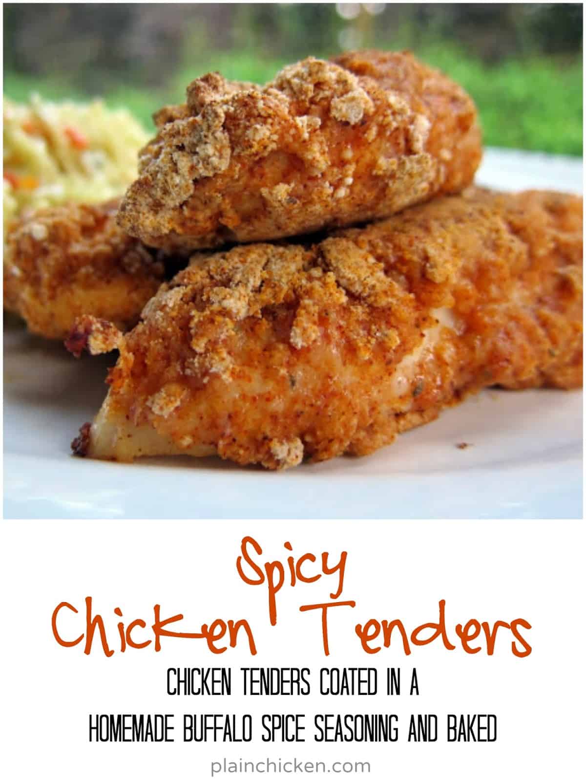 Spicy Chicken Tenders Recipe - chicken tenders coated in a homemade buffalo spice seasoning and baked. SO delicious. Can coat and freeze unbaked for a quick meal later.