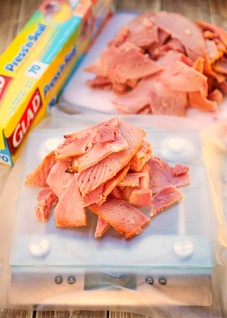 Leftover holiday ham? Chop it up and freeze it. Line kitchen scale with Glad Press'n Seal and weigh 8-oz portions. Great for casseroles!