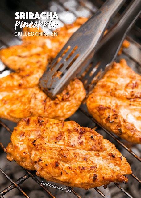 Sriracha Pineapple Grilled Chicken Recipe - chicken marinated in bbq sauce, mustard, Sriracha, honey and pineapple juice. Sweet, smokey and a tad bit spicy. SO good! Tons of great flavor and super juicy. We doubled the recipe for leftovers.