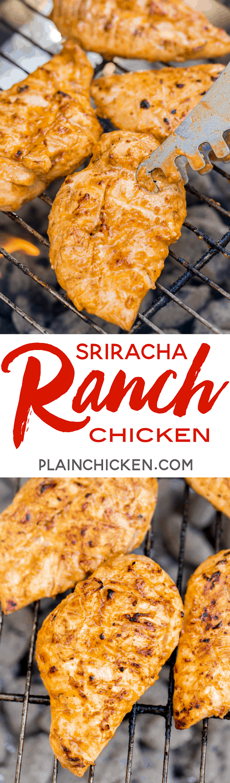 Sriracha Ranch Grilled Chicken Recipe - chicken marinated in olive oil, Ranch dressing, Worcestershire, Sriracha, salt, lemon and vinegar. SOOOO good. We always double the recipe for leftovers.