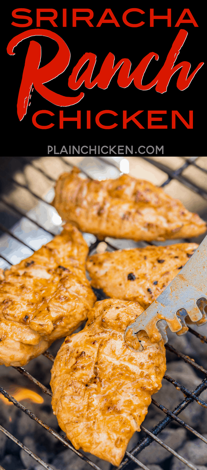 Sriracha Ranch Grilled Chicken Recipe - chicken marinated in olive oil, Ranch dressing, Worcestershire, Sriracha, salt, lemon and vinegar. SOOOO good. We always double the recipe for leftovers.
