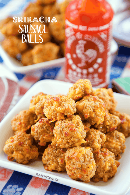 Sriracha Sausage Balls - THE BEST! Great for parties! You can mix together and freezer for later. Sausage, bisquick, cream cheese, cheddar cheese and sriracha. We always have some in the freezer! SO good!
