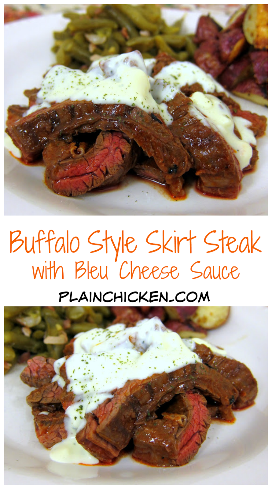Buffalo Style Skirt Steak with Bleu Cheese Sauce recipe - skirt steak marinated in hot sauce, grilled and topped with a homemade bleu cheese sauce - SO good. Ready in under 20 minutes. Serve with some green beans and potatoes.