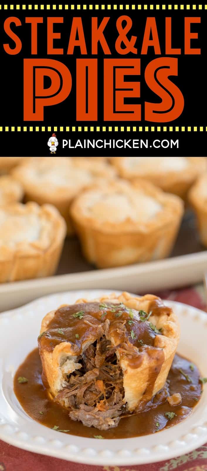 Mini Steak & Ale Pies - Guinness pot roast in pie crust baked in a muffin pan. Inspired by our trip to London, England. These taste better than any of the meat pies we ate in the London pubs. YUM! Slow cooked pot roast, pie crust and Guinness gravy. Can make ahead and freeze for a quick meal later! #london #guinness #steak #meatpie