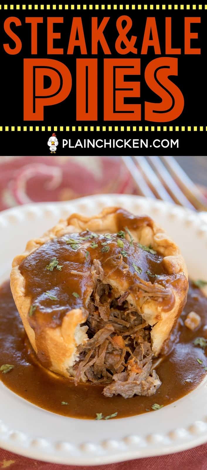 Mini Steak & Ale Pies - Guinness pot roast in pie crust baked in a muffin pan. Inspired by our trip to London, England. These taste better than any of the meat pies we ate in the London pubs. YUM! Slow cooked pot roast, pie crust and Guinness gravy. Can make ahead and freeze for a quick meal later! #london #guinness #steak #meatpie