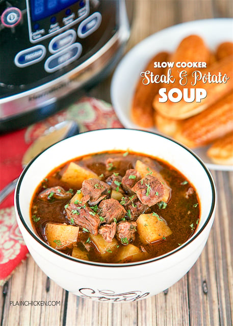 Slow Cooker Steak and Potato Soup - AMAZING! Everyone loved this easy soup!! Just dump everything in the slow cooker and let it do all the work. Stew meat, onion, yukon gold potatoes, beef broth, steak sauce, chili powder, cumin, cayenne pepper and parsley. Serve with cornbread for an easy and delicious weeknight meal guaranteed to please everyone!