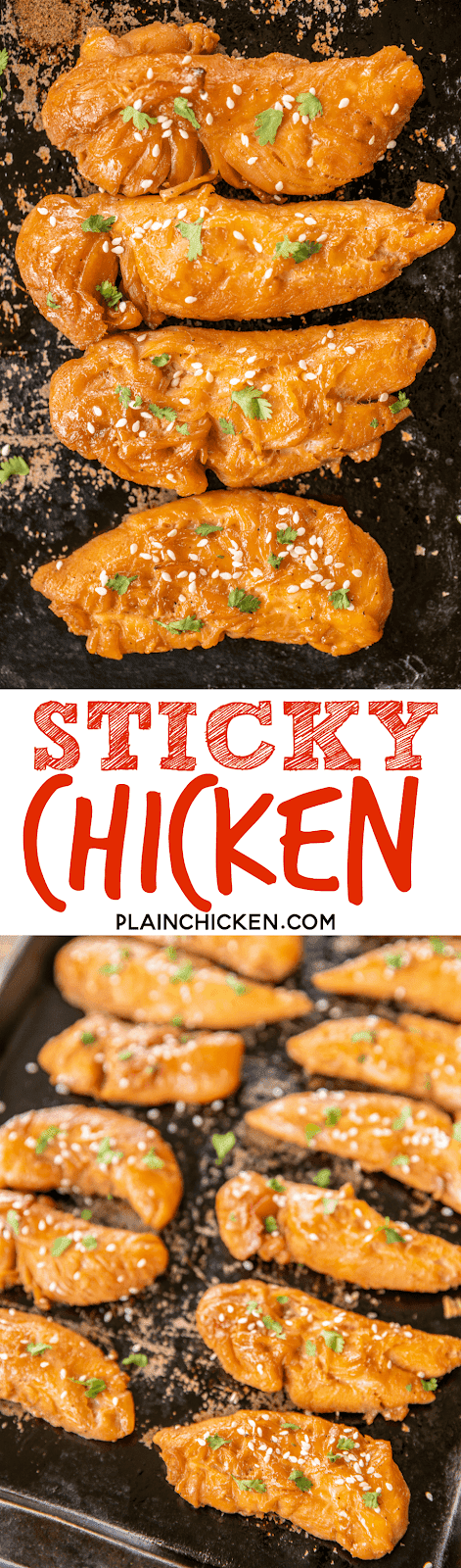 Sticky Chicken - super easy to make and tastes delicious! Chicken marinated in brown sugar, soy sauce, teriyaki sauce, butter, Creole seasoning and dry mustard. Makes a lot - great for meal prep. Serve over rice, noodles, salad or chop up in a wrap. Everyone LOVED this easy chicken recipe! #chicken #chickenrecipe