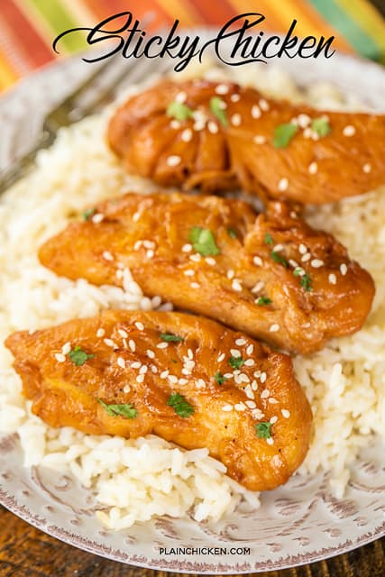 Sticky Chicken - super easy to make and tastes delicious! Chicken marinated in brown sugar, soy sauce, teriyaki sauce, butter, Creole seasoning and dry mustard. Makes a lot - great for meal prep. Serve over rice, noodles, salad or chop up in a wrap. Everyone LOVED this easy chicken recipe! #chicken #chickenrecipe