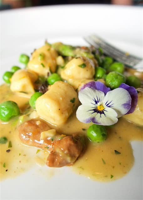 Gnocchi with peas, asparagus, smoked mushrooms, sorghum and citrus peel from Josephine in Nashville's 12 South neighborhood.
