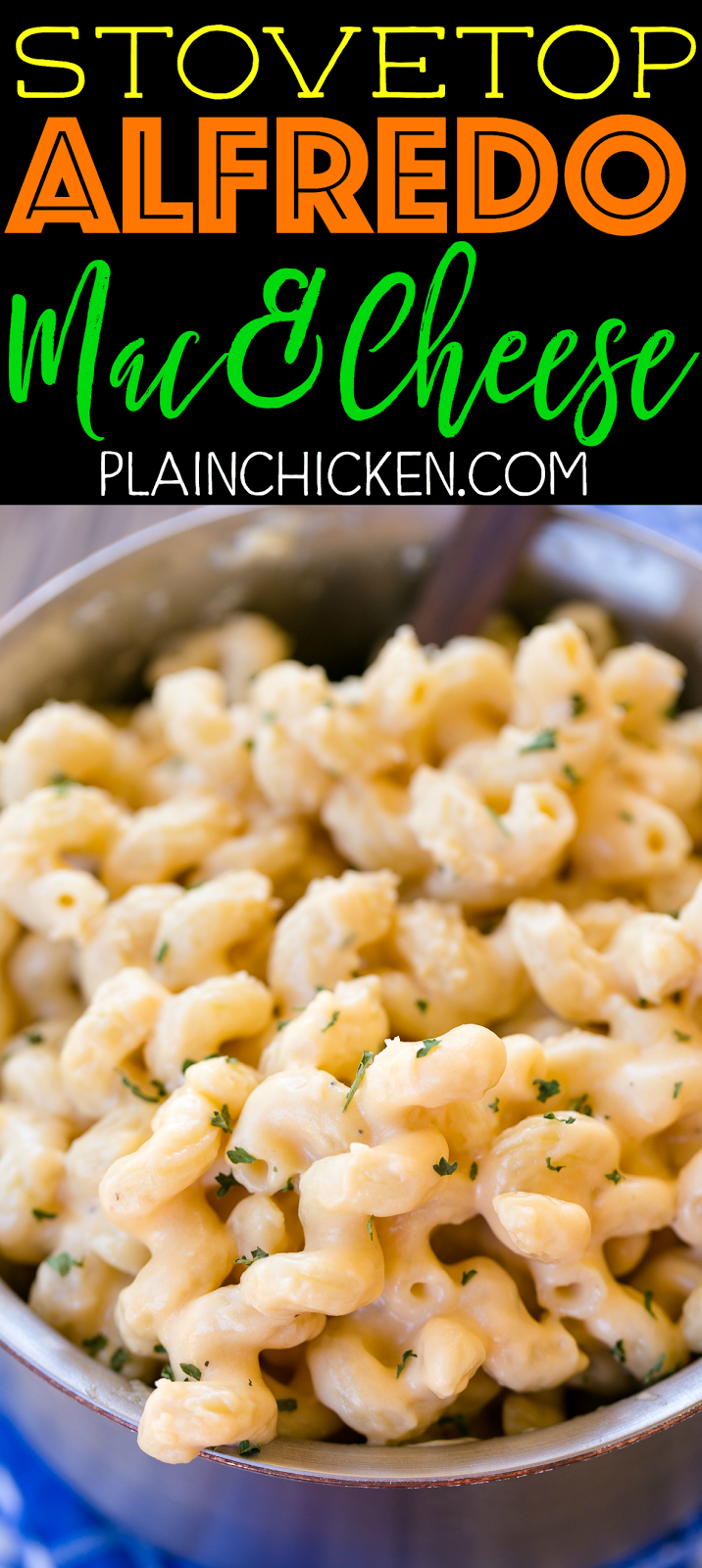 Stovetop Alfredo Mac & Cheese - ready in 10 minutes! We make this all the time! SO easy and SOOOO delicious! Only 5 ingredients! Pasta tossed in jarred Alfredo sauce, cheddar cheese, parmesan cheese and garlic. Perfect weeknight side dish. Great with steak, chicken and pork. 