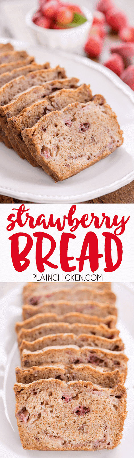 Strawberry Bread - a wonderful way to use up all those yummy summer strawberries. Ready for the oven in minutes! Flour, sugar, baking soda, salt, cinnamon, eggs, oil and strawberries. Freezes well too!