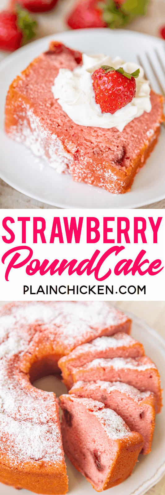 Strawberry Pound Cake - THE BEST strawberry pound cake I've ever eaten! Packed FULL of delicious strawberry flavor! Flour, baking powder, salt, eggs, milk, vanilla, butter, sugar, strawberry jello, frozen strawberries in sugar. Top with whipped cream, vanilla ice cream and fresh strawberries. Can freeze for a quick dessert later. Great for potlucks! #strawberry #poundcake #dessert #cake