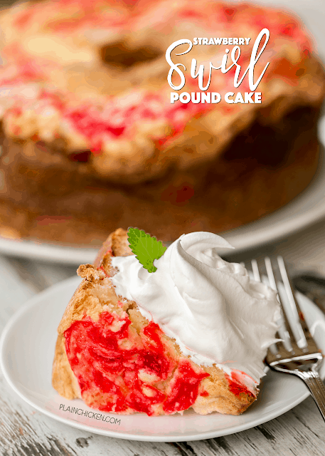 Strawberry Swirl Pound Cake - seriously delicious!!! Butter, sugar, cream cheese, eggs, flour, almond extract, vanilla extract and strawberry glaze. Can make several days in advance and store in an air-tight container or freeze for later. Everyone LOVED this pound cake recipe!!