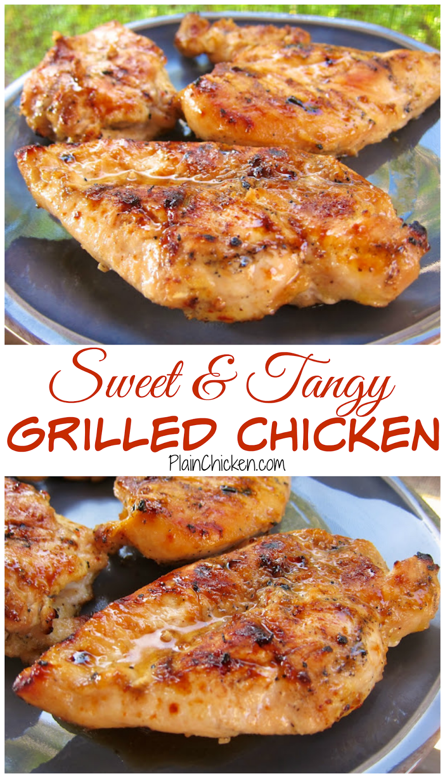 Sweet and Tangy Grilled Chicken Recipe - chicken marinated in cider vinegar, dijon mustard, garlic, lemon, lime and brown sugar. THE BEST! We make this at least twice a month. Great leftover on a salad or in a quesadilla.