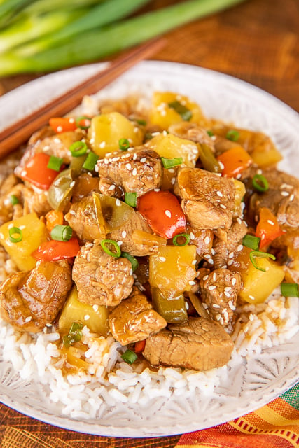 Sweet & Sour Pork with rice on a plate