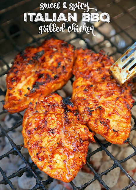 Sweet and Spicy Italian BBQ Grilled Chicken - only 4 ingredients in the marinade! BBQ sauce, Italian dressing, chili powder and red pepper flakes. Sweet and spicy! SO delicious! We make this once a week. Everyone cleans their plate. The chicken is so juicy and has TONS of flavor! We never have any leftovers.