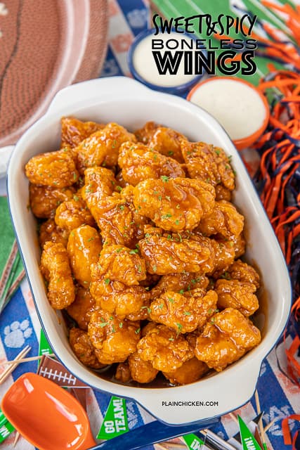 Sweet & Spicy Boneless Wings - great for parties or a quick lunch/dinner. Use frozen chicken bites and this comes together in no time!! Chicken tossed in hot sauce, brown sugar and butter. Seriously delicious!! Serve with fries and ranch or bleu cheese dressing. These are always the first thing to go at our football parties! #chicken #wings #tailgating #partyfood