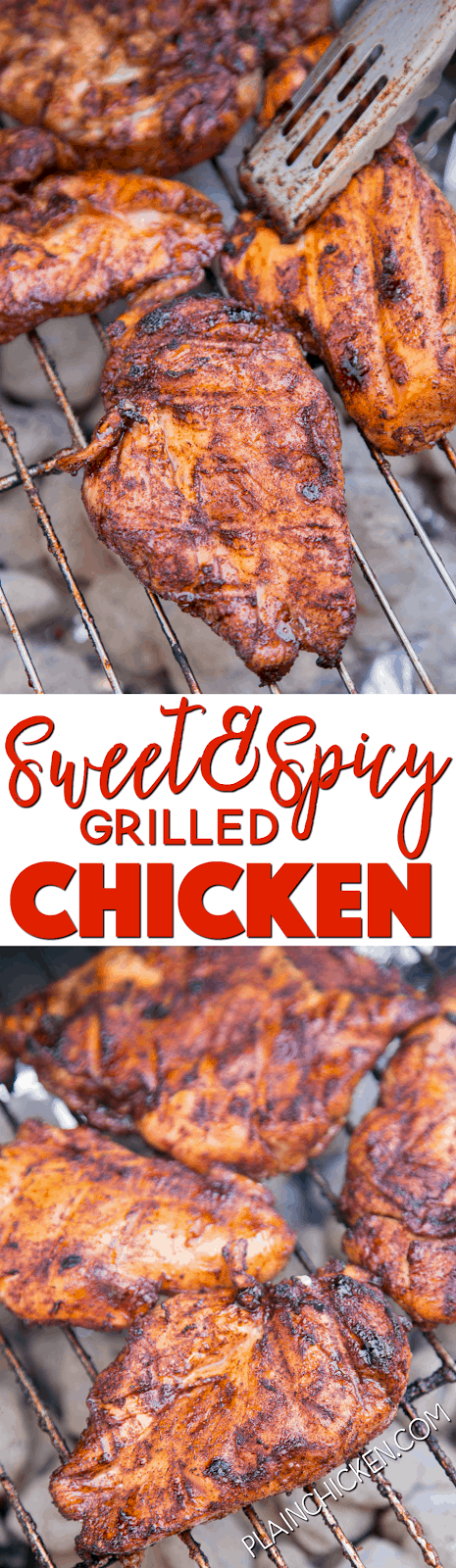 Sweet and Spicy Grilled Chicken - CRAZY good!! Chicken marinated in an easy dry rub and grilled. Ready for the grill in 30 minutes! Brown sugar, chili powder, garlic powder, seasoned salt and chicken. We LOVE this chicken! SO much flavor!!! Great in wraps and on top of a salad too!! One of our favorite chicken recipes.