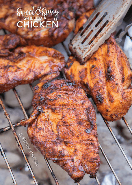 Sweet and Spicy Grilled Chicken - CRAZY good!! Chicken marinated in an easy dry rub and grilled. Ready for the grill in 30 minutes! Brown sugar, chili powder, garlic powder, seasoned salt and chicken. We LOVE this chicken! SO much flavor!!! Great in wraps and on top of a salad too!! One of our favorite chicken recipes.
