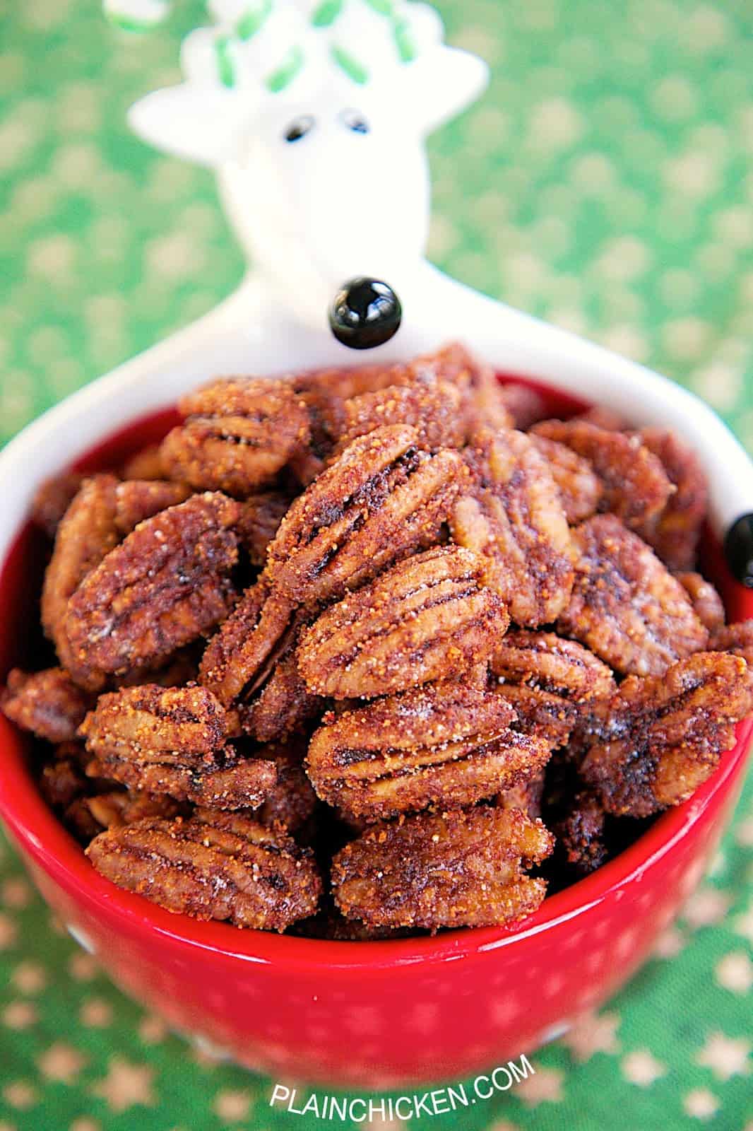 Sweet & Spicy Pecans - seriously delicious!!! Made these for a holiday party and they were gone in a flash! Everyone asked for the recipe! Pecans, water, sugar, chili powder, cayenne pepper. I always double or triple the recipe and there are never any leftovers! Great for holiday gifts!