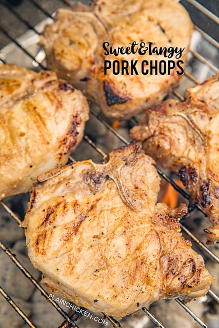 Sweet and Tangy Grilled Pork Chops Recipe - pork chops marinated in cider vinegar, dijon mustard, garlic, lemon juice, lime juice, salt, pepper and brown sugar. THE BEST! We make this at least twice a month!! Can let the pork chops marinate all night in the refrigerator. They are better the longer they marinate. These are our all-time favorite pork chops! #grilling #pork #porkchops #grill