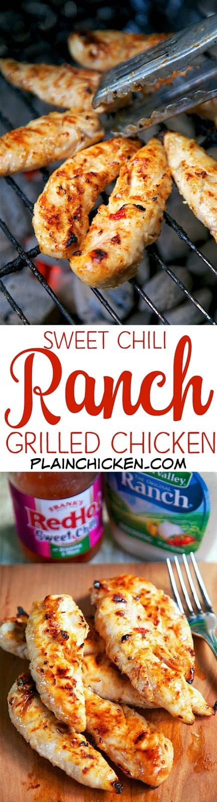 Sweet Chili Ranch Grilled Chicken - only 2 ingredients in the marinade! Let the chicken marinate a few hours to overnight for maximum flavor. OMG! This chicken was CRAZY good! We made it two nights in a row. Great as a main dish or on top of a salad. Perfect for tailgating too!!