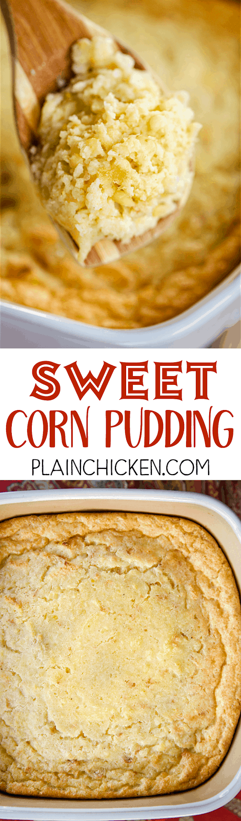 Sweet Corn Pudding - a family favorite! Fresh bread crumbs, cornmeal mix, sugar, eggs, milk, half-and-half, butter and frozen cream-style corn. This tastes AMAZING!! Great anytime of year. We love it with grilled chicken, pork chops, steak and BBQ. It is the perfect side dish for the holidays too!