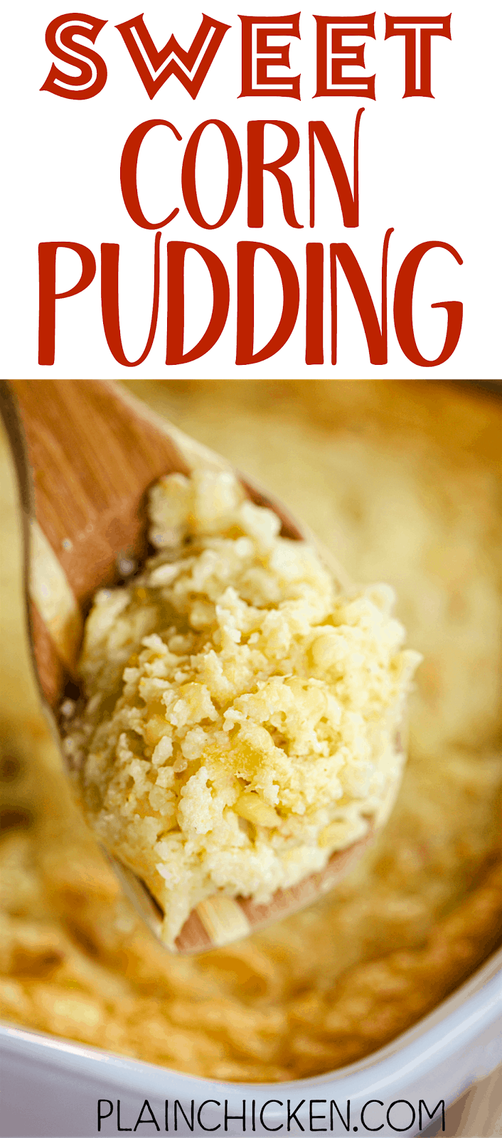 Sweet Corn Pudding - a family favorite! Fresh bread crumbs, cornmeal mix, sugar, eggs, milk, half-and-half, butter and frozen cream-style corn. This tastes AMAZING!! Great anytime of year. We love it with grilled chicken, pork chops, steak and BBQ. It is the perfect side dish for the holidays too!