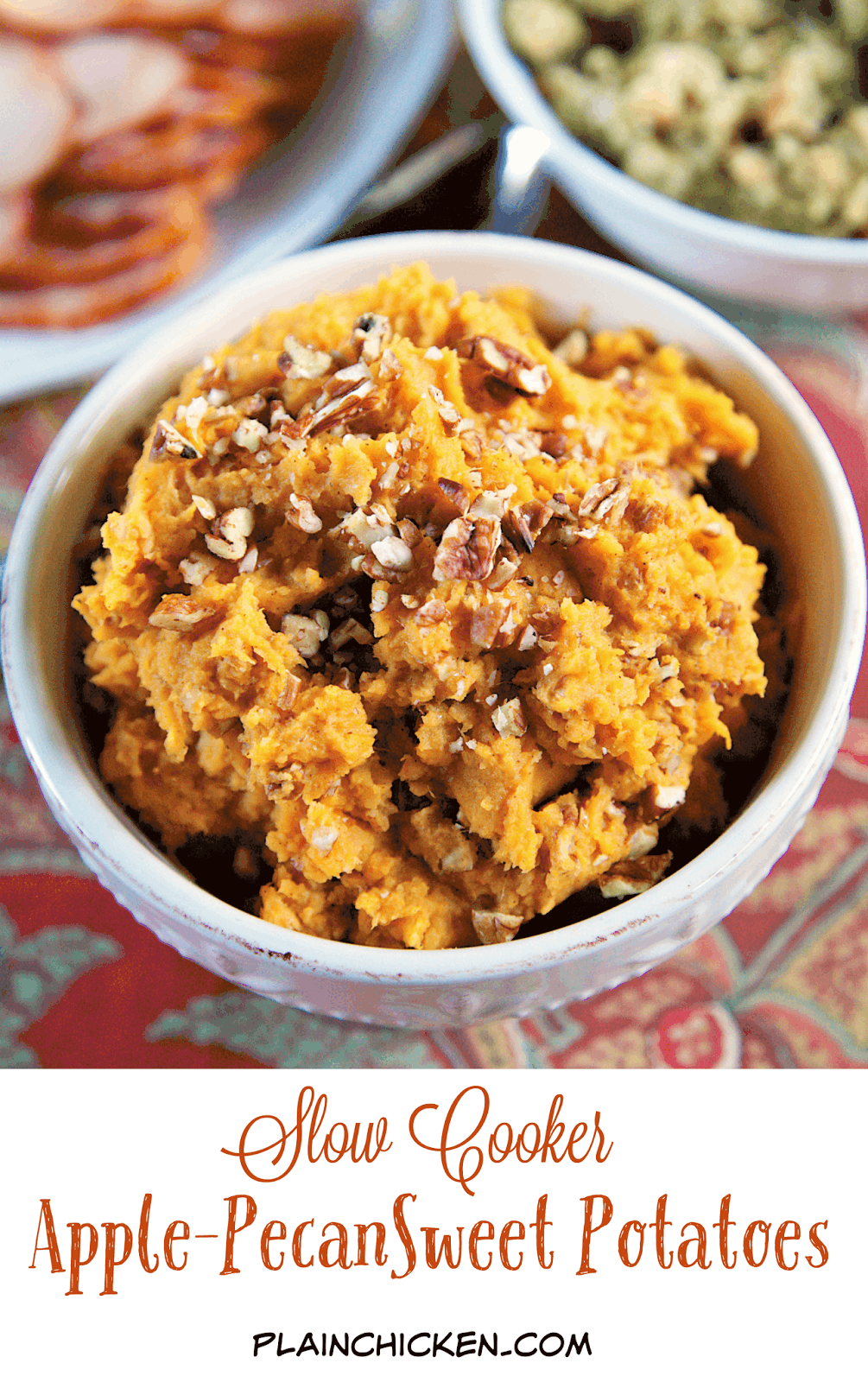 {Slow Cooker} Apple-Pecan Sweet Potatoes - sweet potatoes cook all day in the slow cooker in some chicken broth. When you are ready to serve them, drain the potatoes and add the remaining ingredients and mix with a handheld mixer right in the slow cooker. So easy! This recipe is great for Thanksgiving. No worrying about the timing of getting the sweet potatoes done with the rest of the food. Just keep the cooked potatoes on warm until you are ready to serve! 
