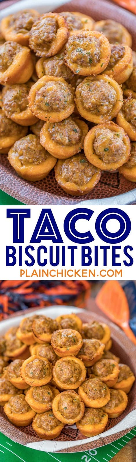 Taco Biscuit Bites Recipe - taco seasoned sausage, green chiles and cheese baked in mini biscuit cups! SERIOUSLY delicious! Great for parties and tailgates!!! Can make ahead for easy entertaining. Only 5 ingredients and ready to eat in 15 minutes! Dip in salsa and/or ranch. These things FLY off the plate!