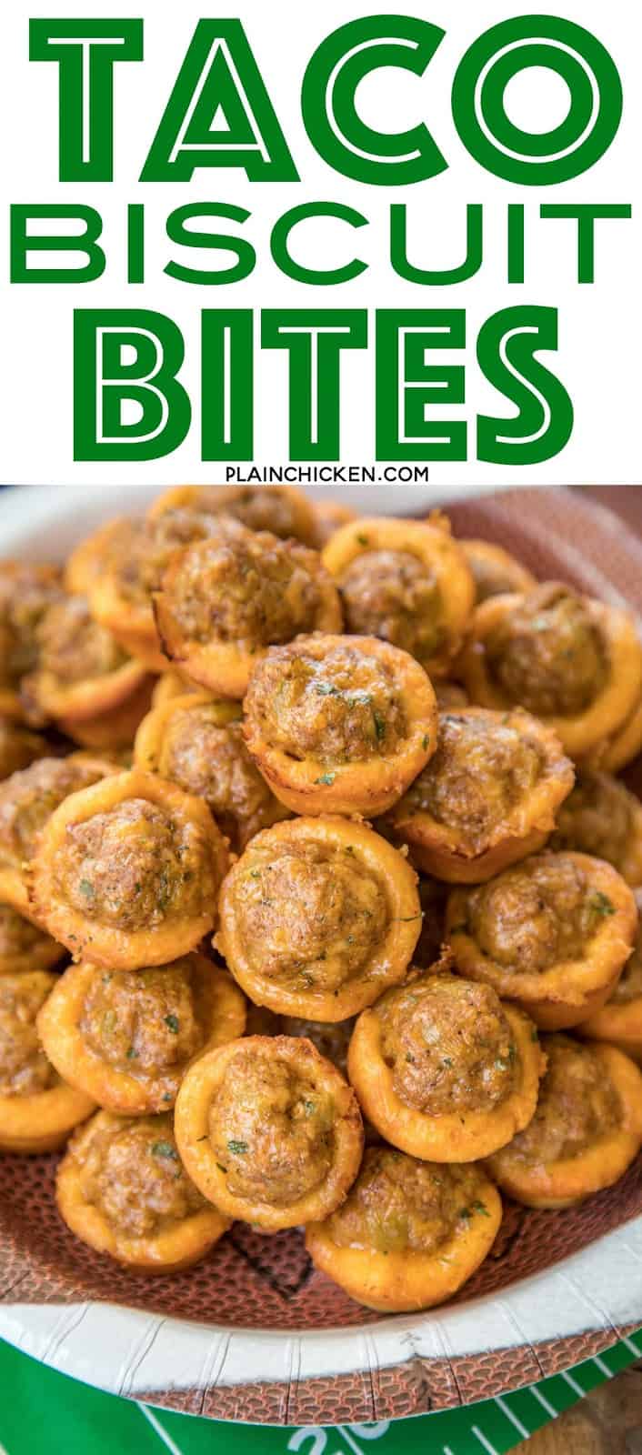 Taco Biscuit Bites Recipe - taco seasoned sausage, green chiles and cheese baked in mini biscuit cups! SERIOUSLY delicious! Great for parties and tailgates!!! Can make ahead for easy entertaining. Only 5 ingredients and ready to eat in 15 minutes! Dip in salsa and/or ranch. These things FLY off the plate!