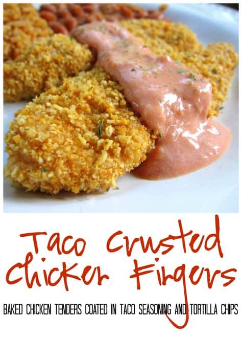 Taco Crusted Chicken Fingers - baked chicken tenders coated in taco seasoning and tortilla chips - served with a creamy salsa on top. We wanted to lick the plate! Can coat the chicken and freeze unbaked for a quick meal later.