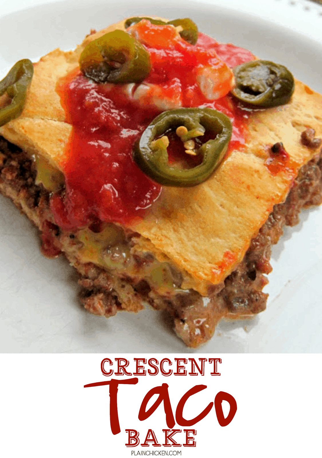 Crescent Taco Bake Recipe - Taco Meat, rotel and velveeta baked in crescent rolls - super quick and easy Mexican recipe. Only 5 ingredients! Top with your favorite taco toppings.
