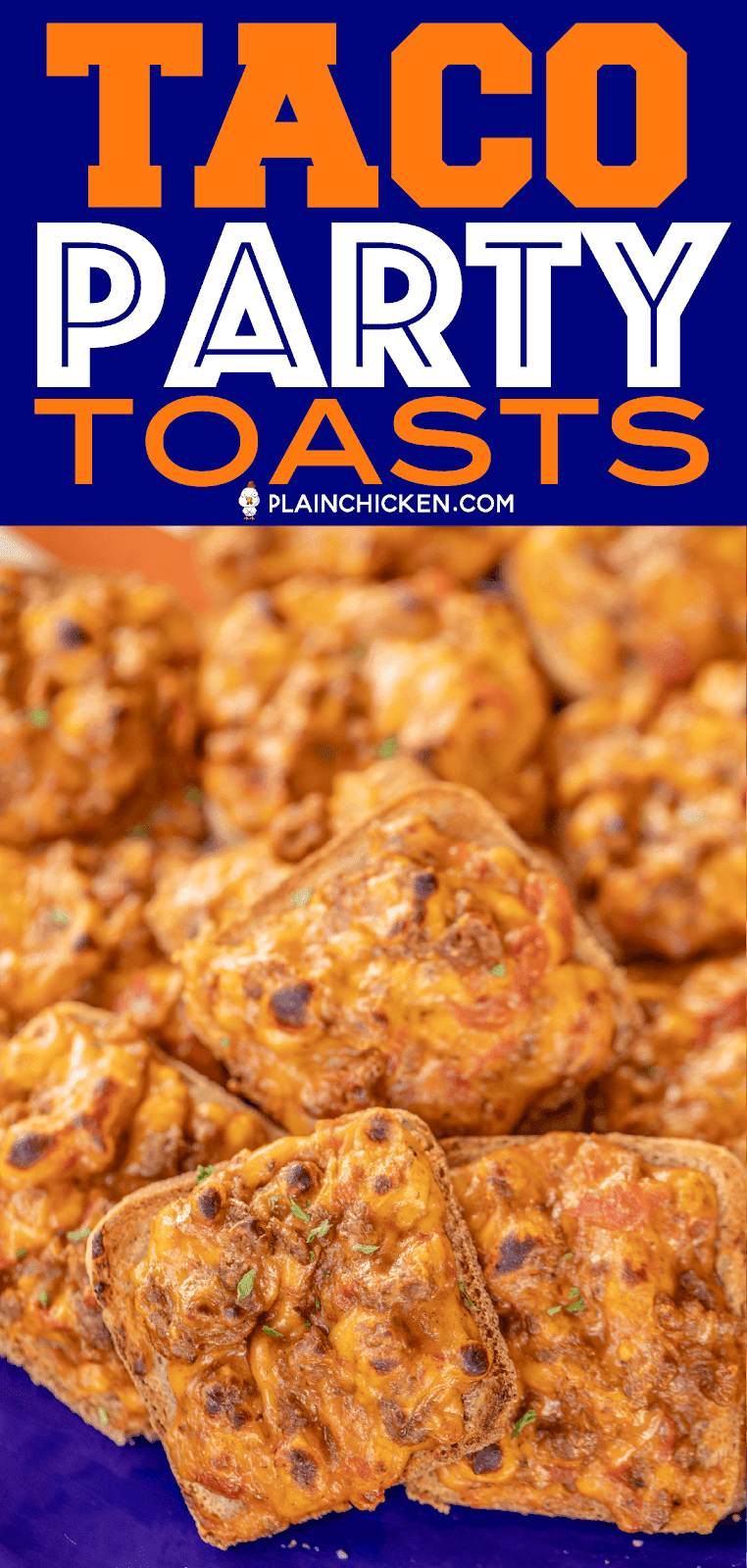 Taco Party Toasts - only 5 ingredients!! Seriously delicious! I took these to a party and they were gone in a flash. Ground beef, taco seasoning, diced tomatoes and green chiles, Velveeta cheese and party rye bread. Can make ahead of time and freezer for later. Great for any occasion - parties, tailgating or a quick lunch or dinner. Taco night was never so fun! #appetizer #taco #tailgating #partyfood 