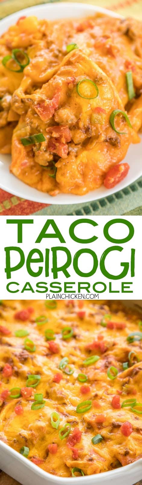 Taco Pierogi Casserole - THE BEST! We ate this two days in a row! Ready in 30 minutes!! Taco meat, velveeta, salsa, cheese pierogies, cream of chicken soup and cheddar cheese. CRAZY good! Everyone cleaned their plates - even our picky eaters! Our favorite Mexican casserole!