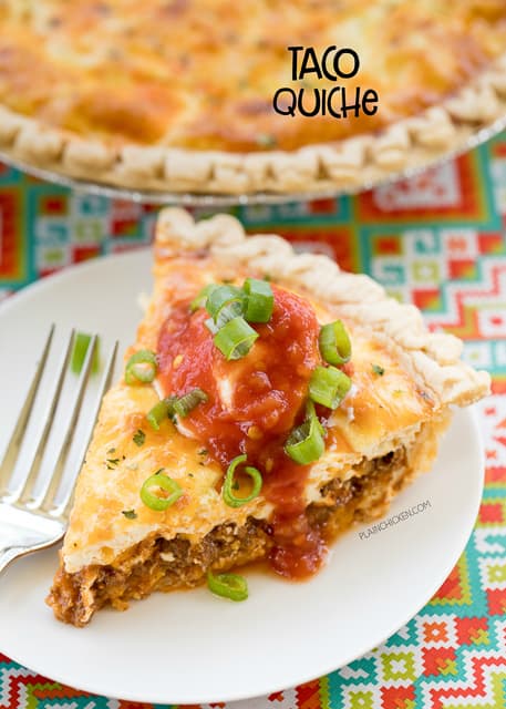 Taco Quiche - quiche loaded with taco meat, salsa and cheese. Top with your favorite taco toppings for a fun twist to taco night! Can assemble quiche and freeze unbaked for a quick meal later. I like to double the recipe and bake one and freeze one for later. Everyone LOVES this easy recipe! There are never any leftovers!!  Ground beef, taco seasoning, salsa, cheddar cheese, milk, eggs, sour cream. SO simple and it tastes AMAZING!