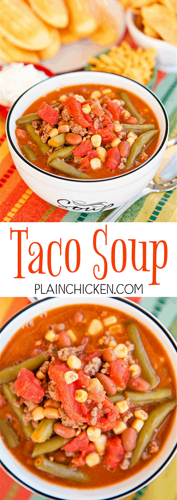 Taco Soup - ready in under 30 minutes! Love this version with green beans and BEER! Hamburger, pinto beans, green beans, ranch beans, stewed tomatoes, beer, diced tomatoes and green chiles, taco seasoning and Ranch dressing mix. We make this at least twice a month. SO good!! Can freeze leftovers for a quick meal later. You can also make this in the slow cooker. 