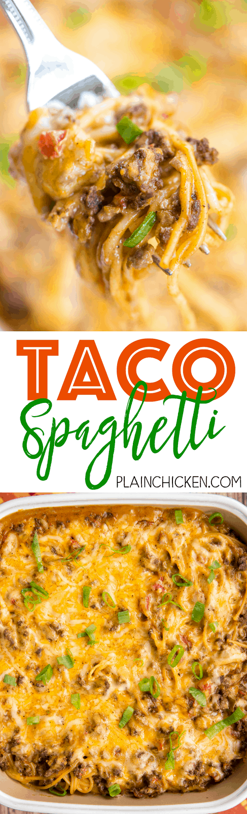 Taco Spaghetti - THE BEST! We ate this three days in a row! Ready in 30 minutes!! Taco meat, velveeta, diced tomatoes with green chilies, spaghetti, cream of chicken soup and cheddar cheese. CRAZY good! Everyone cleaned their plates - even our picky eaters! Our favorite Mexican casserole!