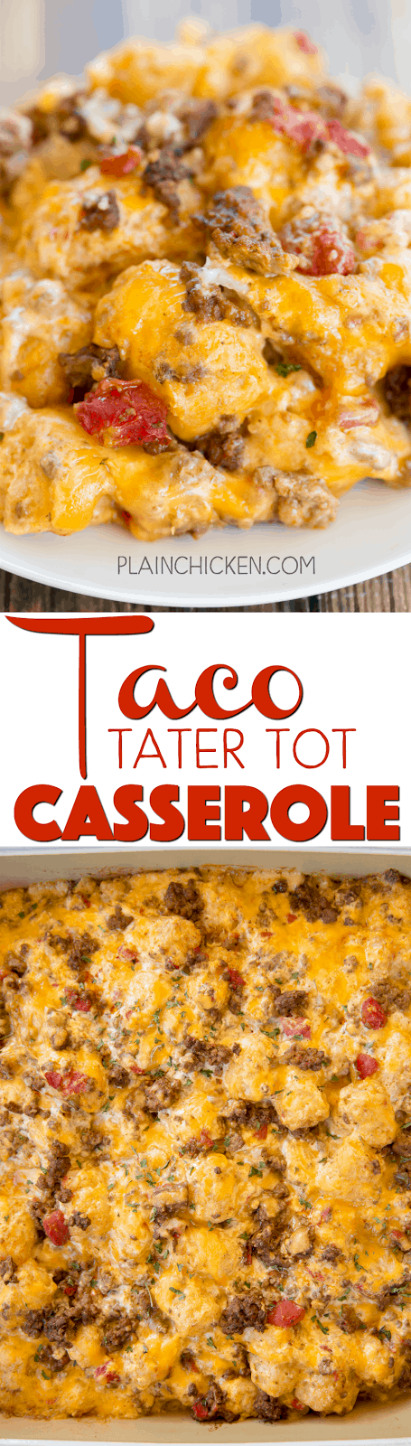 Taco Tater Tot Casserole - taco meat, diced tomatoes and green chiles, cheese, cheese soup, sour cream and tater tots - what's not to love? We ate this twice in one day! Can be made ahead of time and refrigerated or frozen for later. You can also divide it between two 8x8-inch foil pans and freeze one.  Taco night will never be the same!
