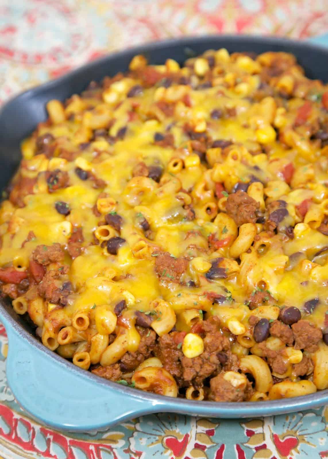 One Pot Tex-Mex Goulash - beef, taco seasoning, corn, black beans, tomatoes and pasta - delicious! Great weeknight meal that is ready to eat in 20 minutes! The whole family loves this easy one-pot Mexican recipe!